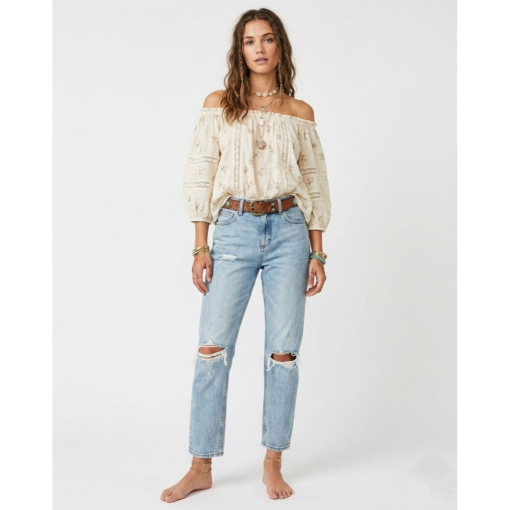 Free People Women's Light Distressed Straight Fit High Waist Button Fly Jeans 25